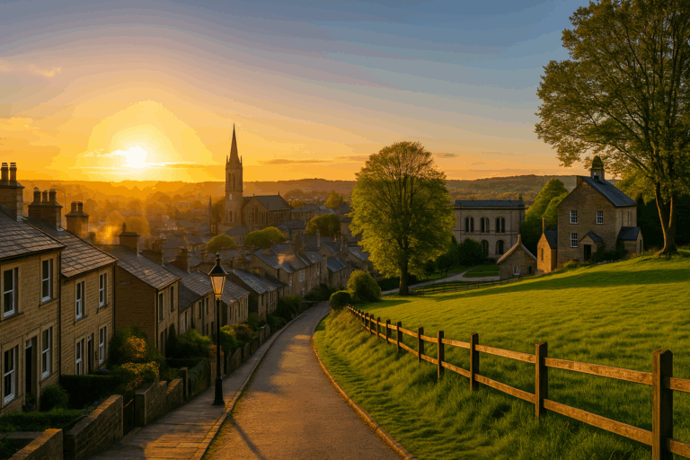 Scenic view of a Saltaire-style village at sunset with stone terrace houses, a historic church tower, and lush green surroundings