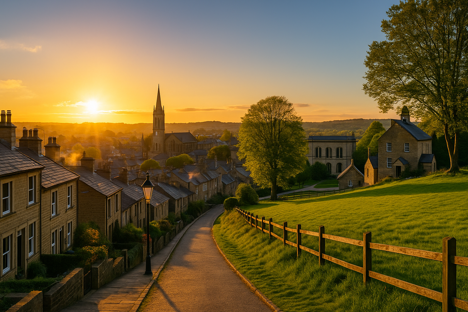 Scenic view of a Saltaire-style village at sunset with stone terrace houses, a historic church tower, and lush green surroundings