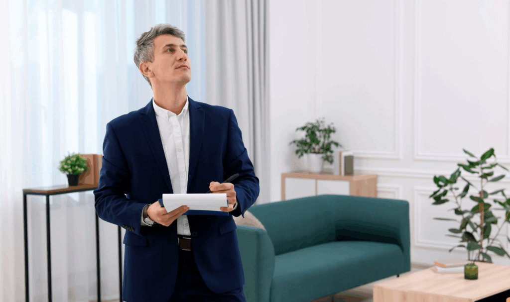 Professional estate agent assessing a Huddersfield home interior during property valuation