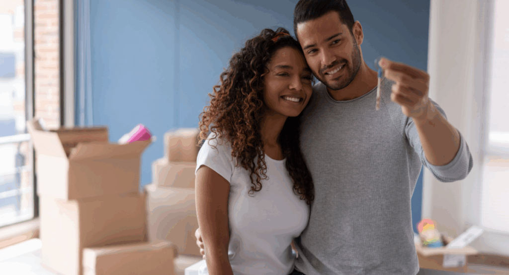 Smiling couple holding house key with moving boxes in new Solihull home.