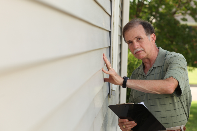 Man with clipboard inspecting exterior wall of a rental property during routine landlord inspection in Huddersfield