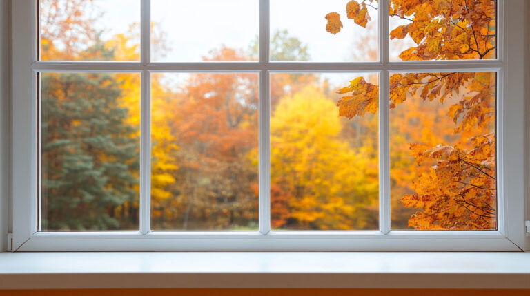 View through a window of autumn trees with golden and orange leaves, representing the cosy seasonal charm for selling homes in Westbury and Warminster.
