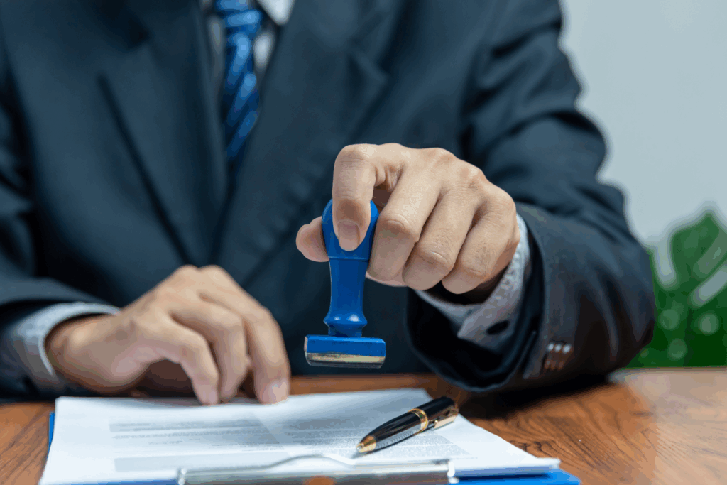 Close-up of a businessman stamping legal property documents
