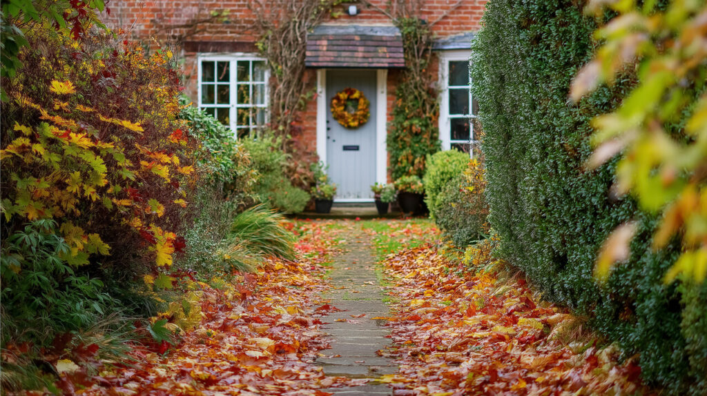 Front view of a traditional UK home with autumn leaves on the path, representing a seasonal property sale