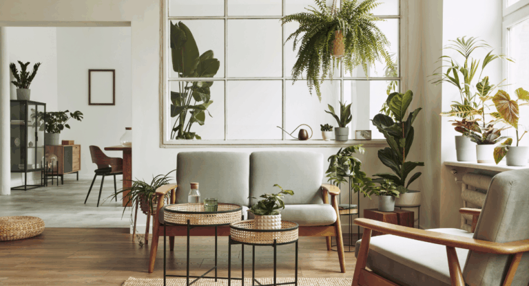 Modern living room filled with natural light and greenery, representing Martin & Co’s 2025 autumn home selling insights and seasonal property advice.