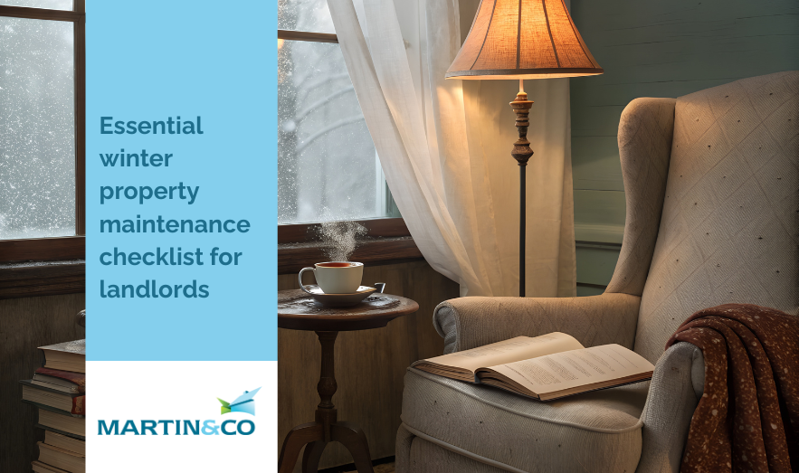 Cozy reading nook with an armchair, open book, and steaming cup of coffee by a snowy window, representing Martin & Co’s essential winter property maintenance checklist for landlords.