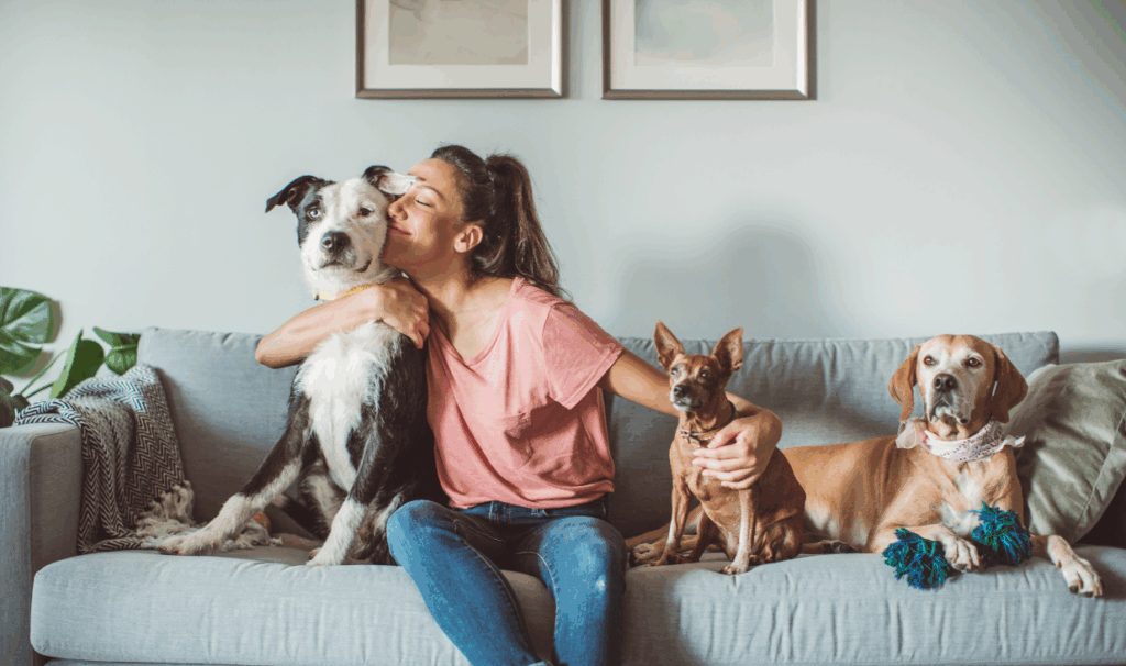 A tenant sits on a sofa cuddling three dogs of different sizes, showing a calm and pet friendly home environment relevant to renting with pets under the Renters’ Rights Act 2025.