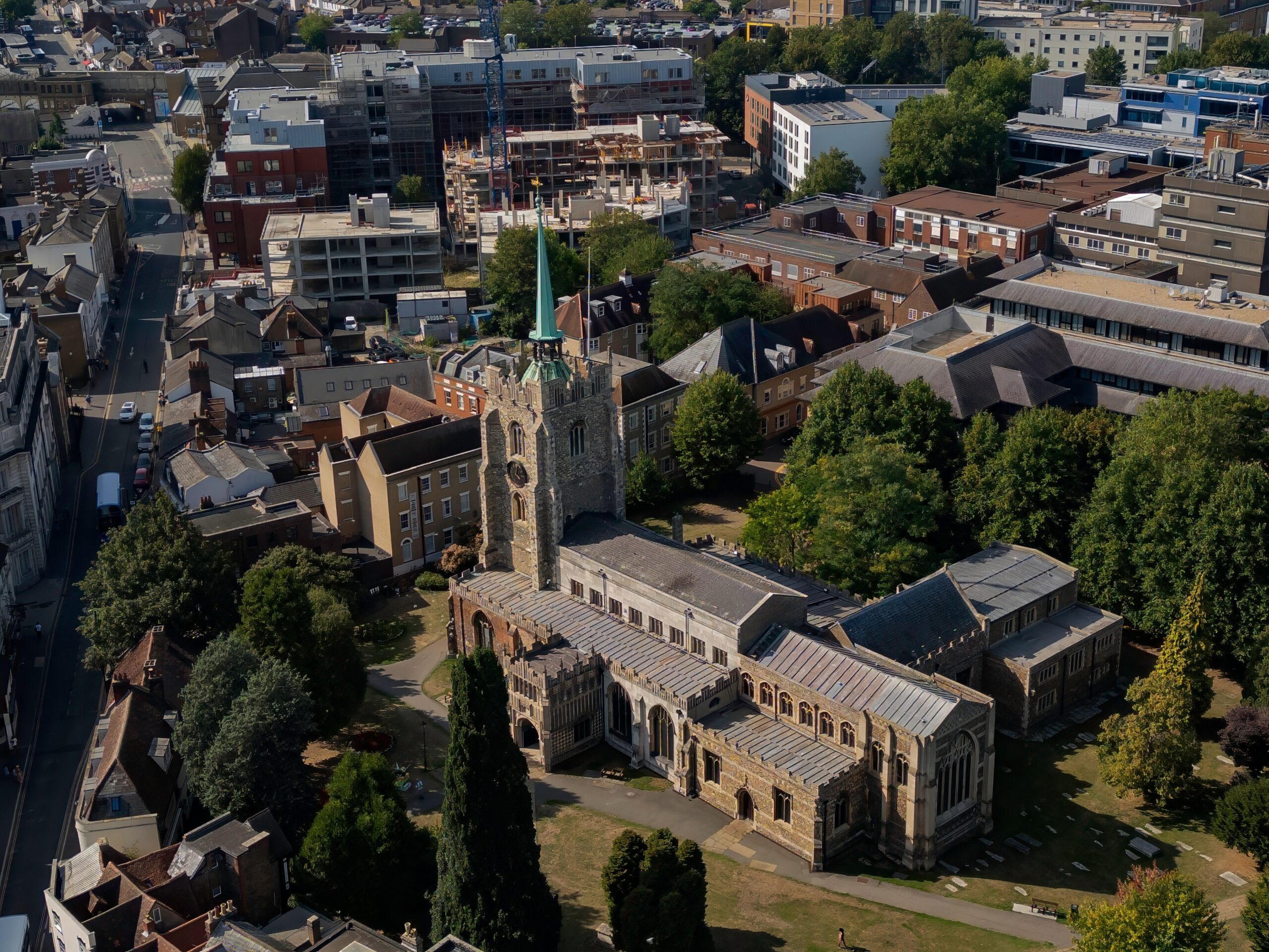 Aerial view of Chelmsford city centre and surrounding residential developments, showing how new housing growth is influencing local property values