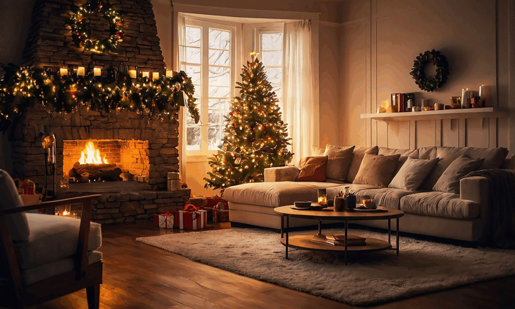 A cosy Christmas living room with a decorated tree, gifts, and a lit fireplace creating a warm festive atmosphere.