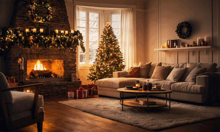 A cosy Christmas living room with a decorated tree, gifts, and a lit fireplace creating a warm festive atmosphere.