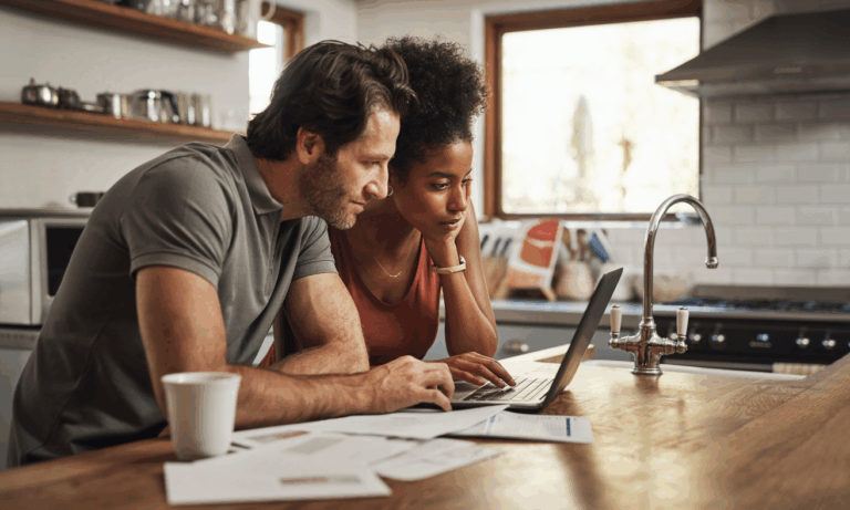 A couple reviewing rental documents and legislation changes on a laptop in their kitchen.