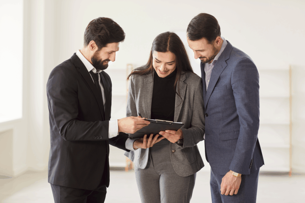 Letting agent reviewing a rent agreement on a clipboard with landlords, reflecting Worksop rent reviews and Section 13 compliance ahead of the May 2026 reforms.