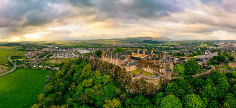 Aerial view of Stirling skyline and Stirling Castle overlooking the southern gateway area