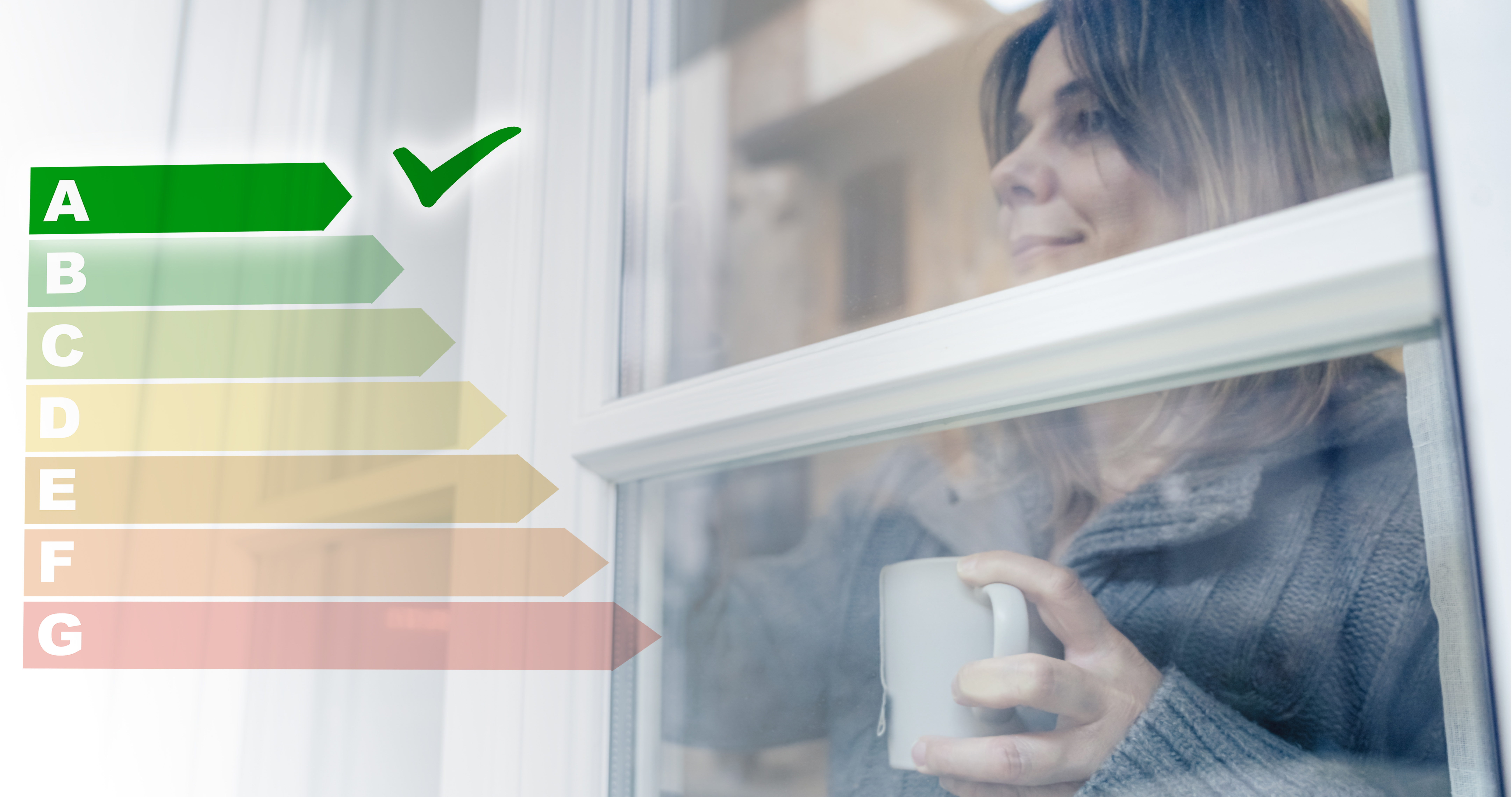 Homeowner looking out of a window with an EPC energy rating scale showing a high efficiency rating for a property in Stirling