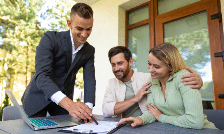 Couple meeting estate agent to review property documents as infrastructure improvements boost home values in Westbury BA13