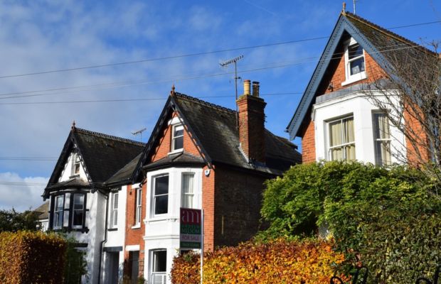 Three residential houses with green foliage and blue sky.