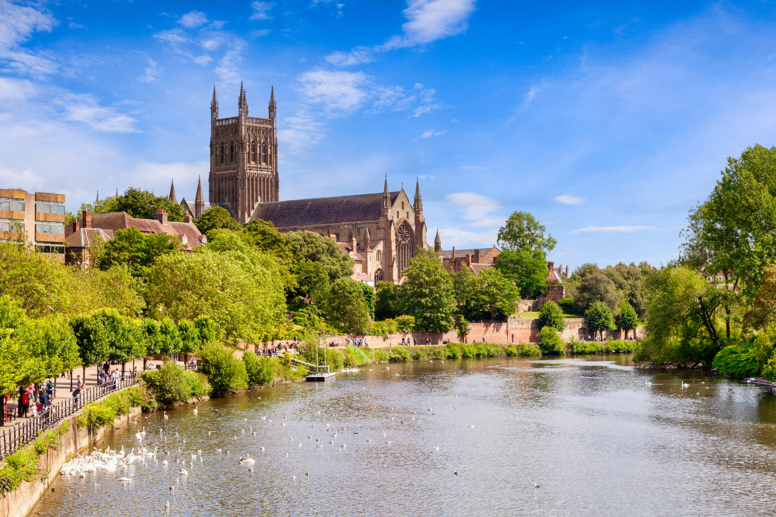 View of Worcester Cathedral and the River Severn near Kepax Bridge and Gheluvelt Park