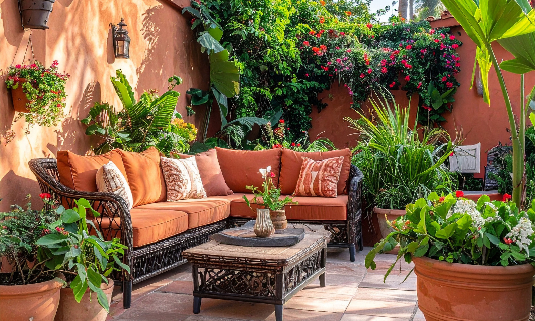 Well presented outdoor patio with seating and plants, showcasing a Chelmsford property prepared for sale during the spring market