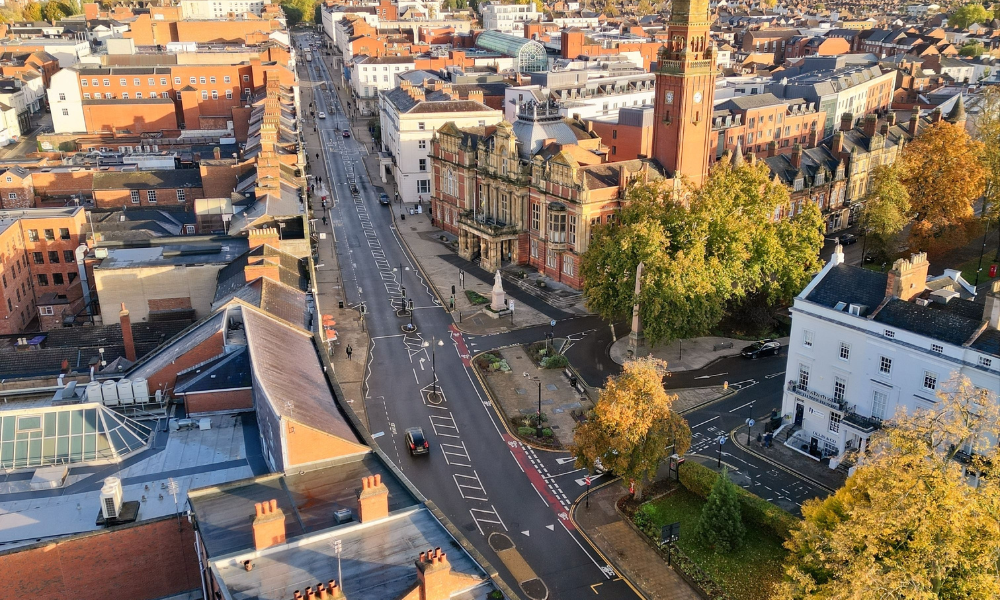 Aerial view of Leamington Spa town centre showing residential buildings and streets linked to the local buy-to-let property market.