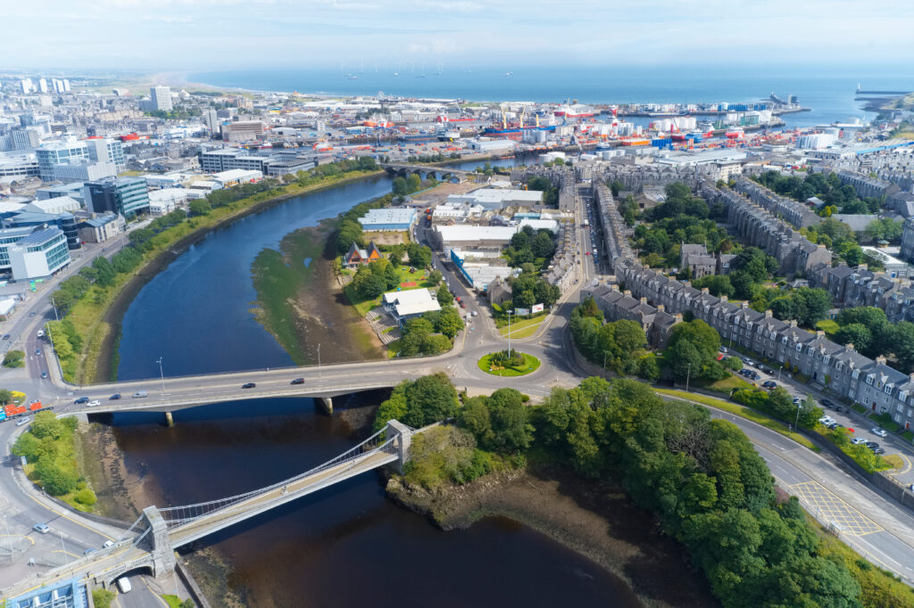 Aerial view of Aberdeen coastline showing harbour, river, and nearby residential property areas