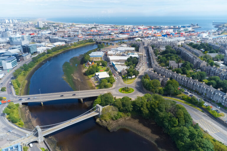 Aerial view of Aberdeen coastline showing harbour, river, and nearby residential property areas