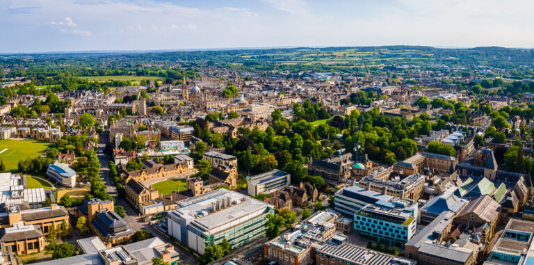 Aerial view of Jericho Oxford showing historic buildings and city centre landscape