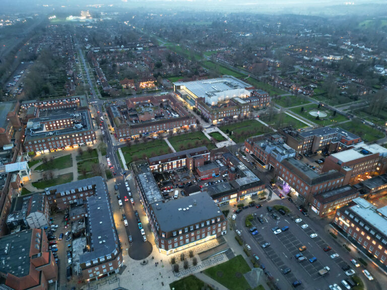 Aerial view of Welwyn Garden City showing town centre, residential areas, and regeneration developments