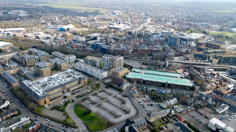 Aerial view of CM1 Chelmsford city centre and residential areas