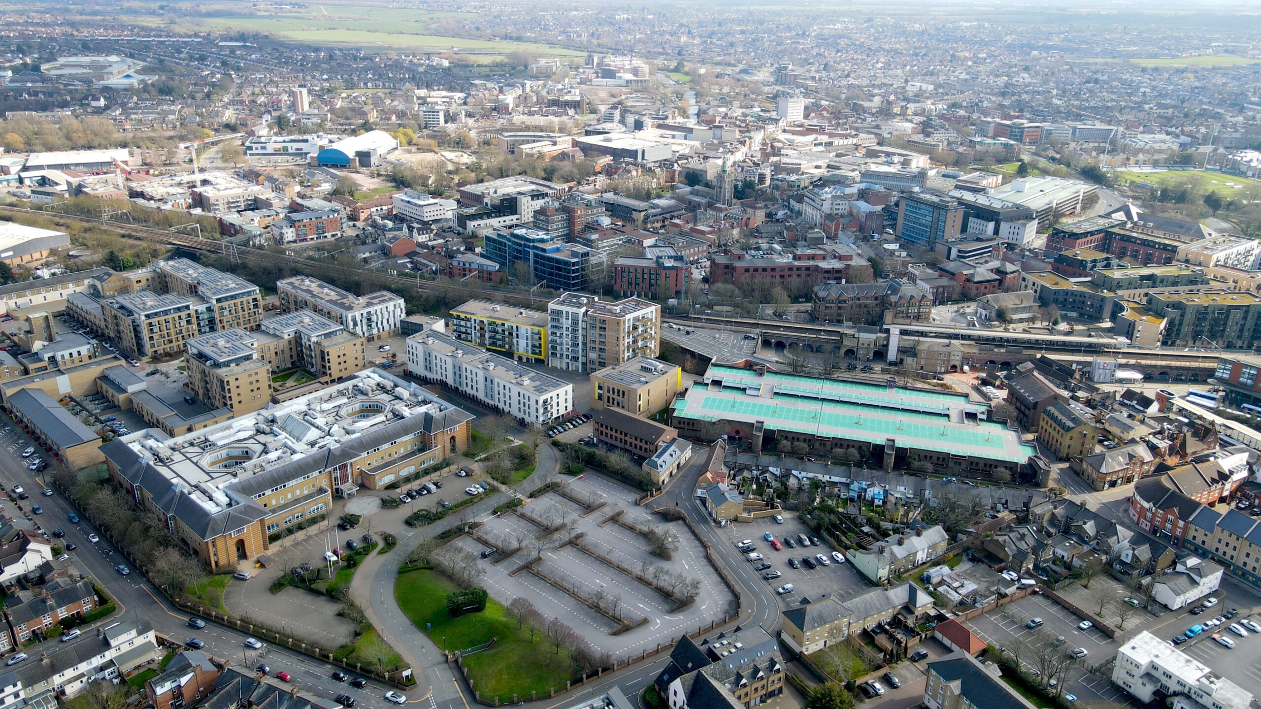 Aerial view of CM1 Chelmsford city centre and residential areas