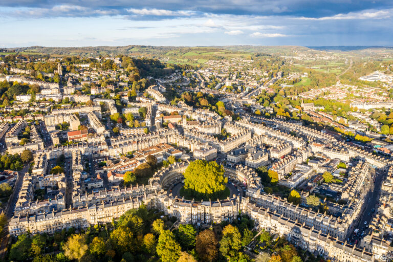 Aerial view of Bath showcasing Georgian homes and residential property market in 2026