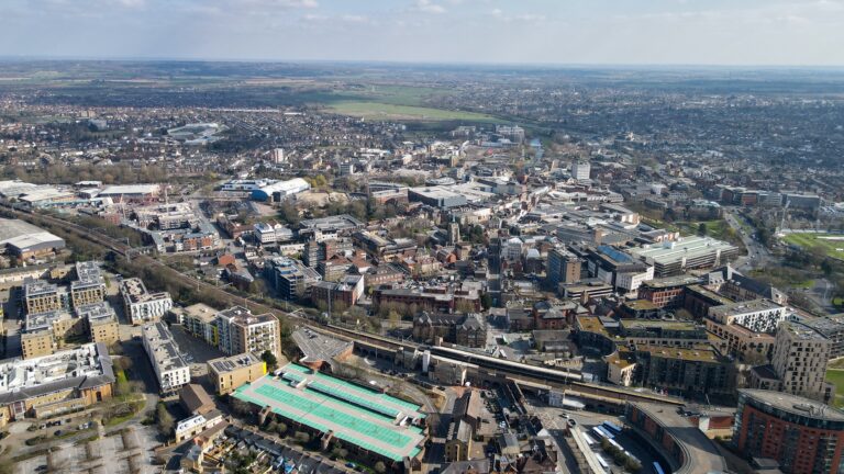 Aerial view of Chelmsford showing residential neighbourhoods, transport links, and city centre property developments