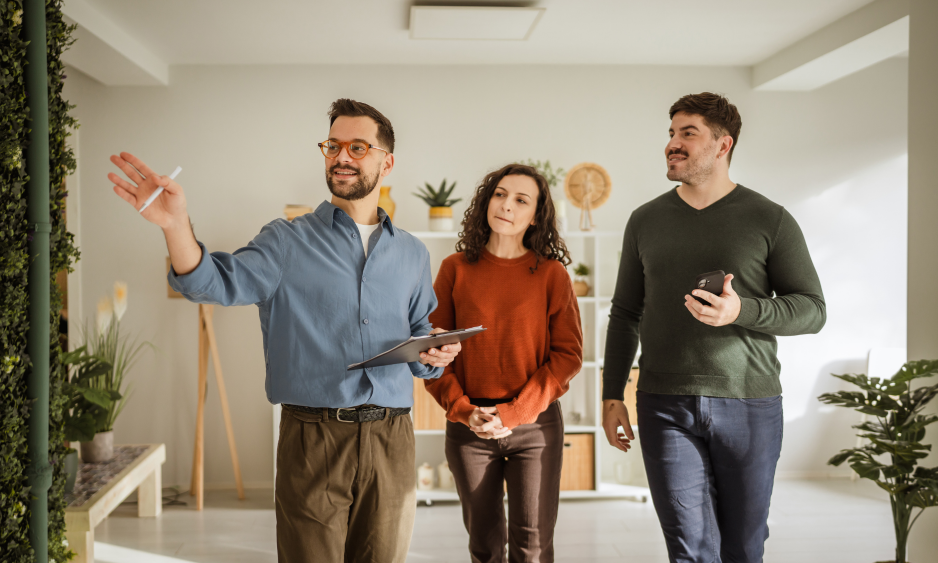 Estate agent showing a modern rental property to a couple during a buy-to-let property viewing in Dunfermline.