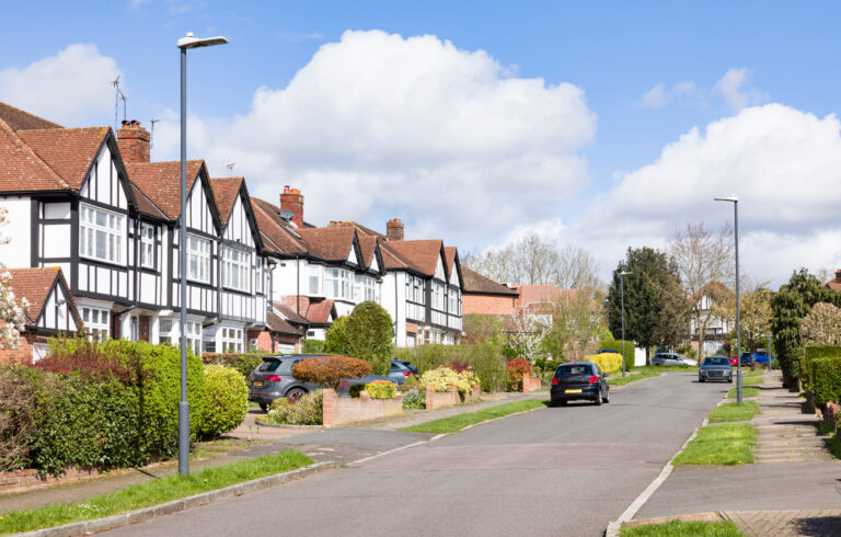 Traditional residential homes and quiet suburban street in Ayr, Scotland near the Burns Statue Square regeneration area