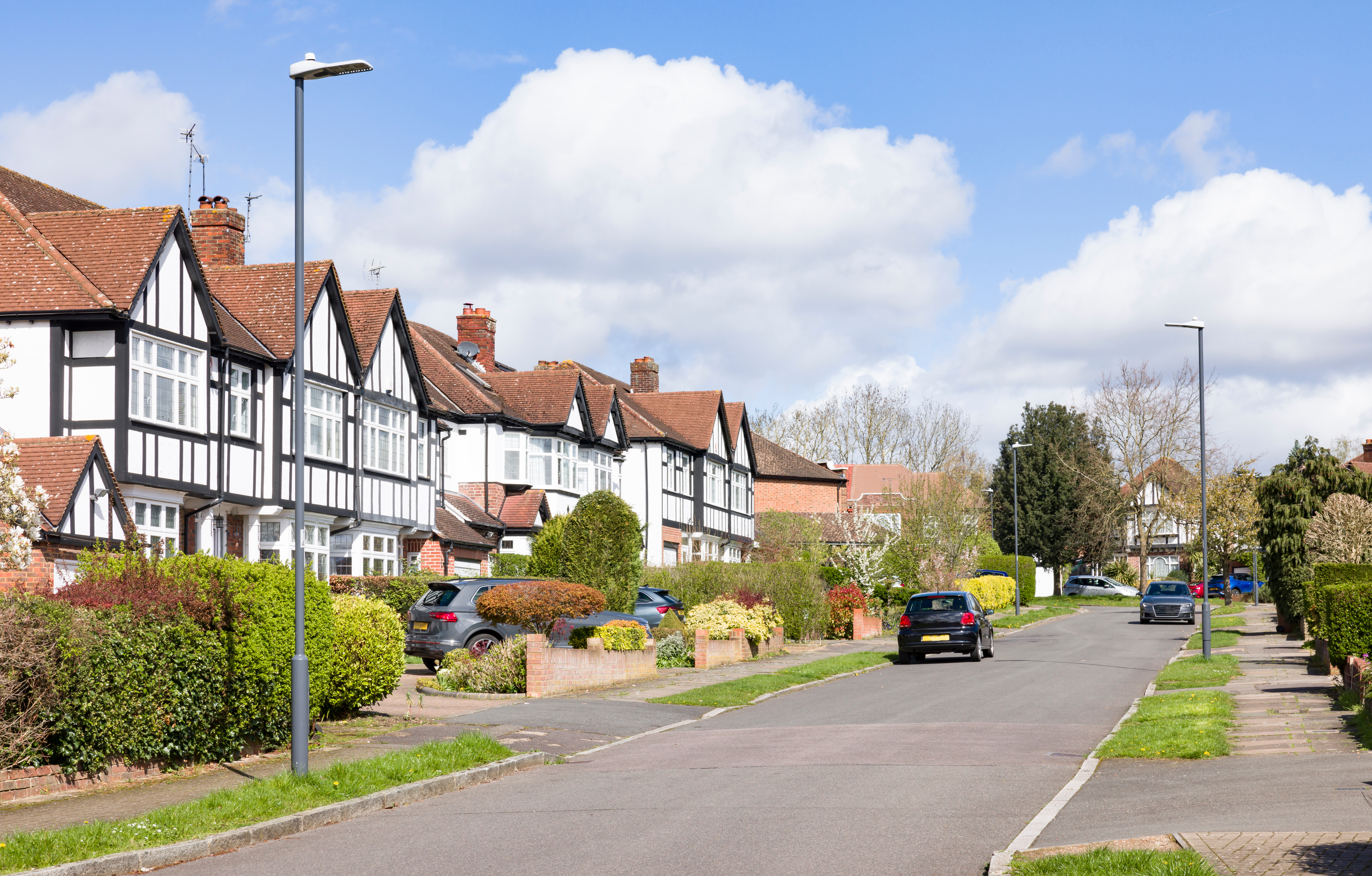Traditional residential homes and quiet suburban street in Ayr, Scotland near the Burns Statue Square regeneration area